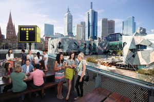 View of Federation Square from Transit Rooftop Bar in Melbourne